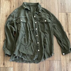Distressed Olive Green Button-Up Shirt